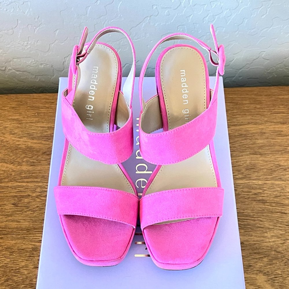 New Madden Girl 6.5 Platform Heels Sandals Pink Mine Fabric Faux Suede with Box - Picture 3 of 11